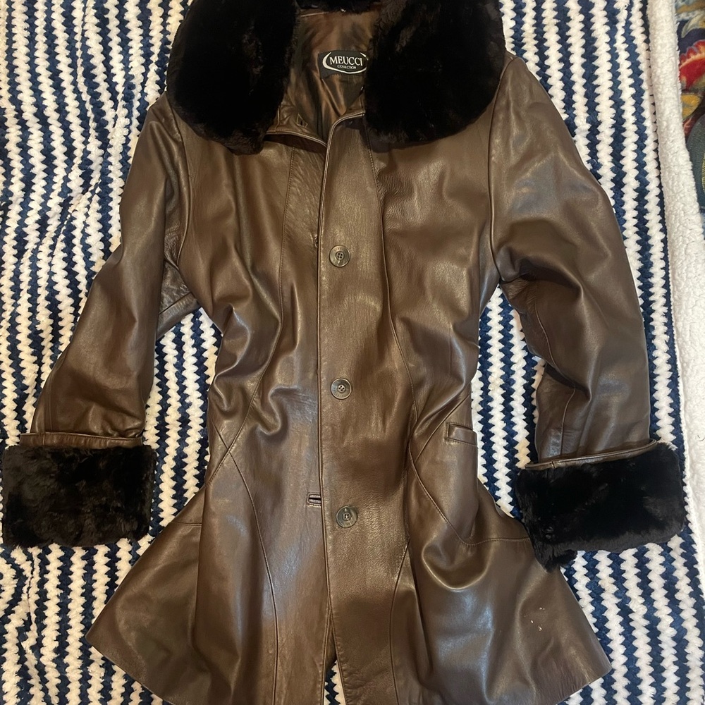 Women's Brown Leather Coat with Brown Fur Trim